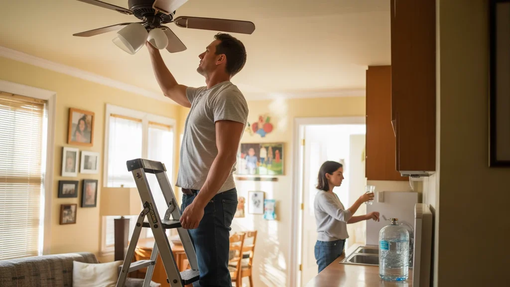 Man adjusting ceiling fan in living room of Nicholasville home