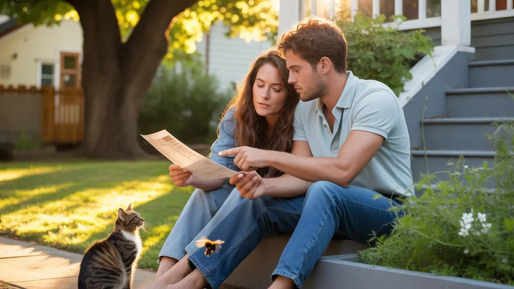 Couple reviewing utility bill while sitting on front steps of Portland home