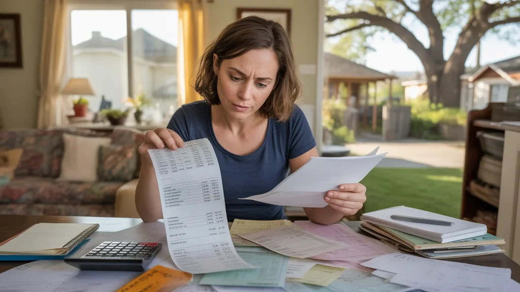 Woman reviewing utility bills and receipts at kitchen table in Valley Station home