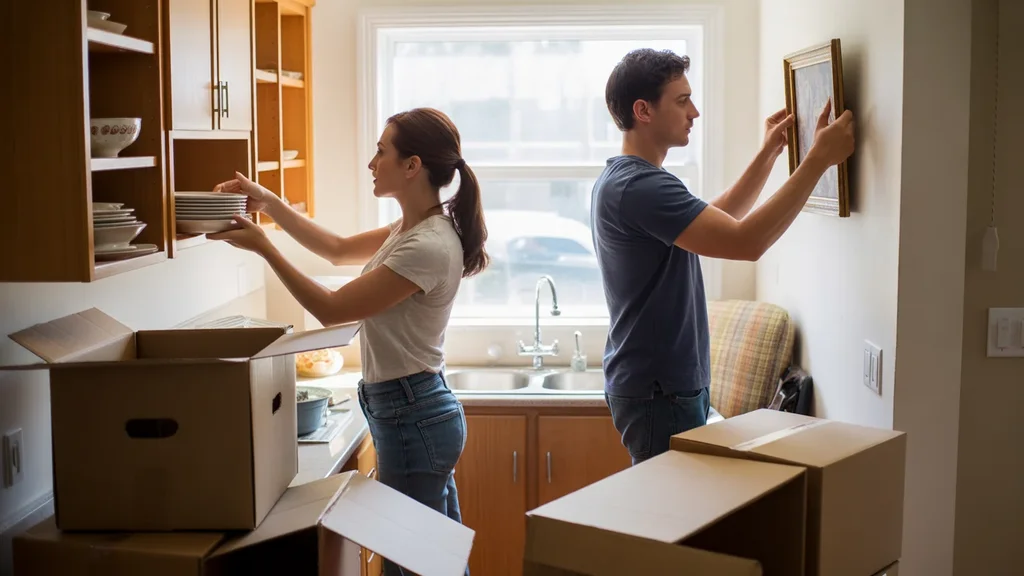 A couple unpacks boxes in the kitchen of their new home in Madison, TN.