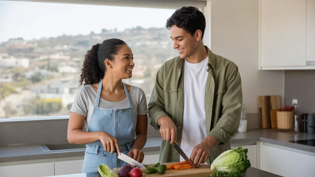 Couple cooks together in modern Chino Hills apartment kitchen