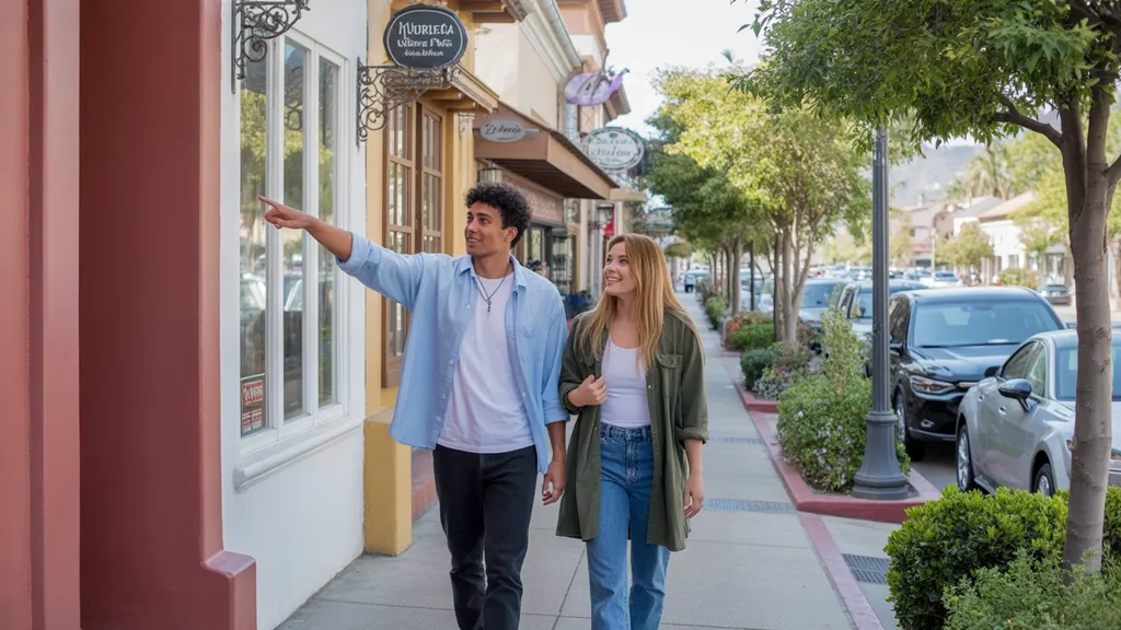 Friends walk down Murrieta street with Spanish-style shops and homes