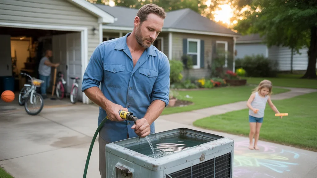 Man refilling swamp cooler with hose outside his home in Madison, Tennessee on a summer evening