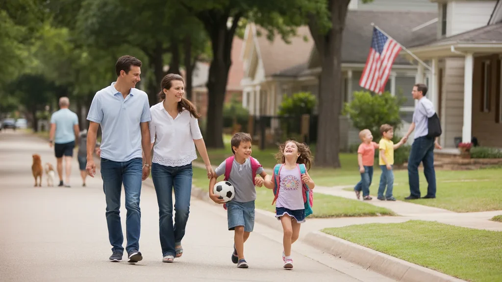 A young family enjoys an afternoon walk through their peaceful Garland neighborhood