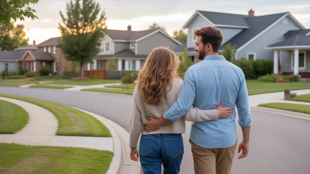 A couple admiring homes in a tranquil Brentwood neighborhood at sunset.