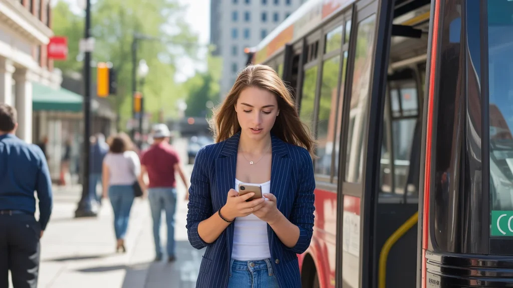 Woman checking phone after exiting bus in downtown Louisville