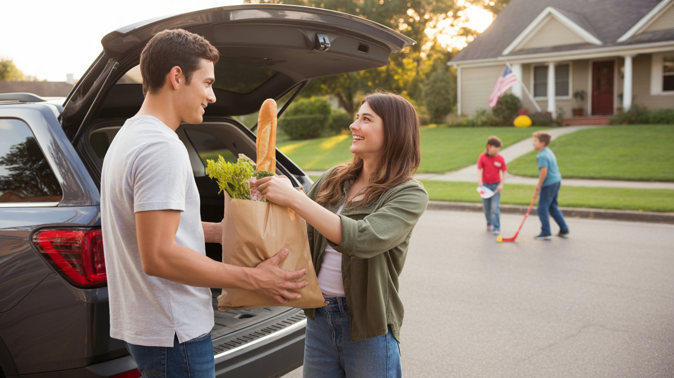 Couple unloading groceries from SUV trunk in driveway of suburban Murfreesboro home at sunset