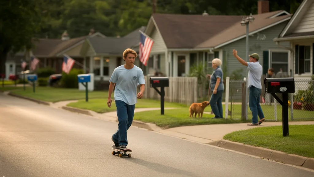 Teenage boy skateboarding down street past mailboxes in Valley Station, KY at sunset