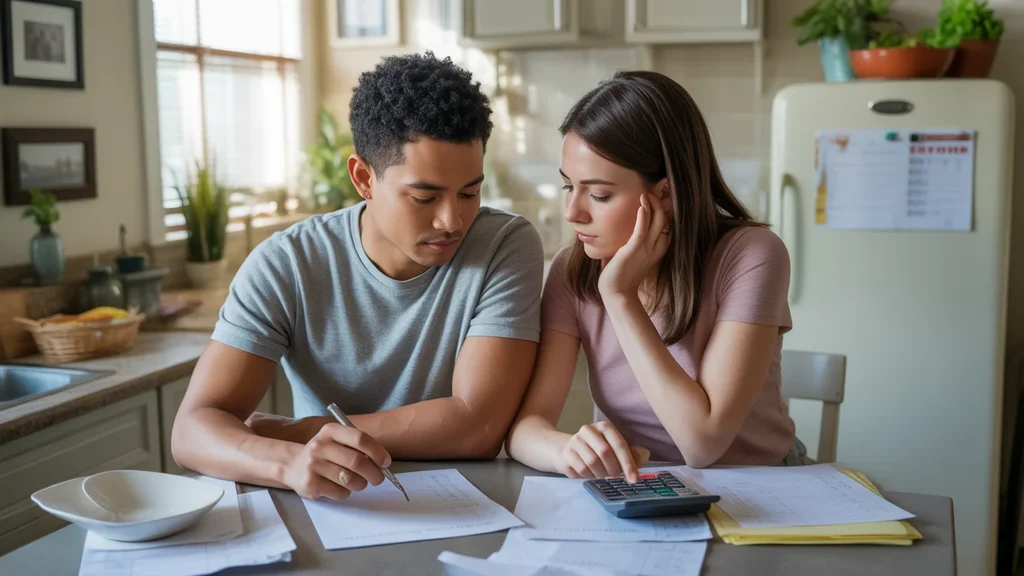 Couple working on monthly budget at kitchen table in Stonecrest apartment