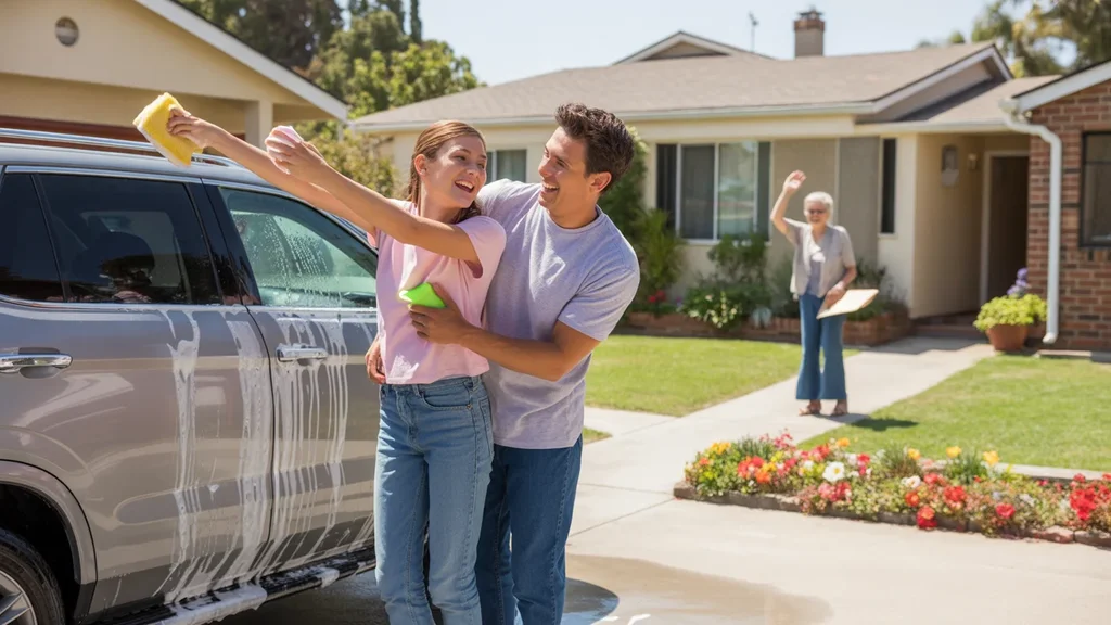 Father and daughter washing SUV together in driveway of Pasadena TX home