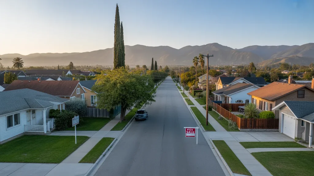Aerial view of residential street in Ontario with mountains and For Sale sign