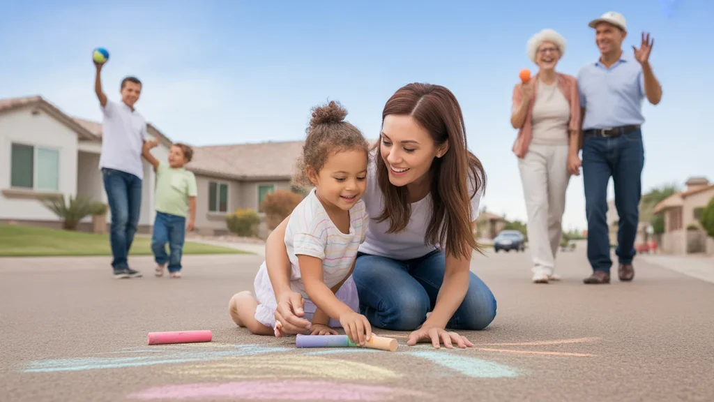 Mother and daughter drawing with sidewalk chalk outside their Goodyear, Arizona home