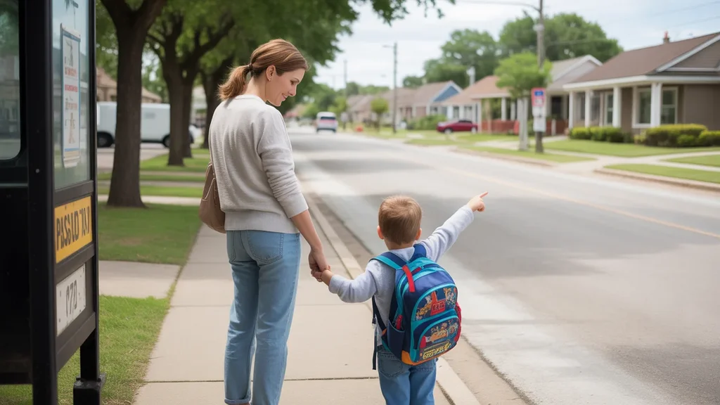 Mother and son waiting for the bus in Pasadena, Texas