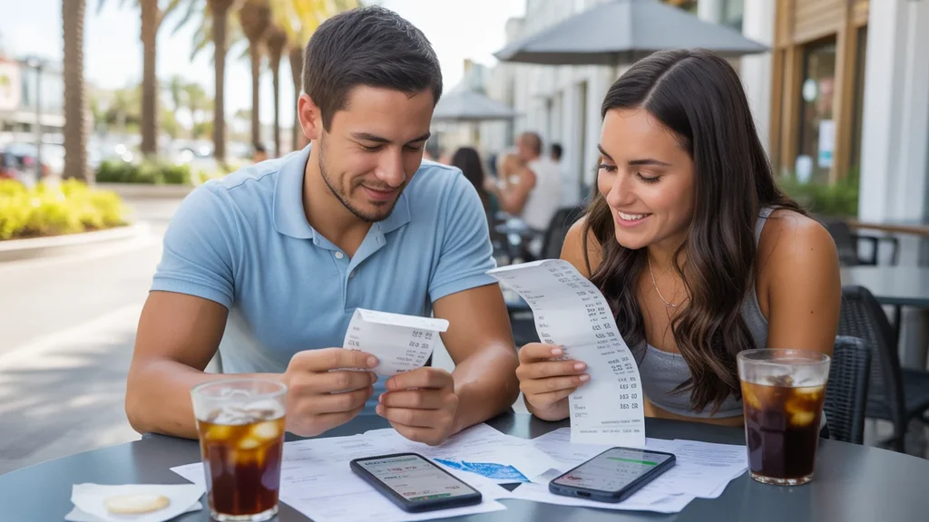 Couple budgeting monthly expenses at cafe in Orlando, Florida