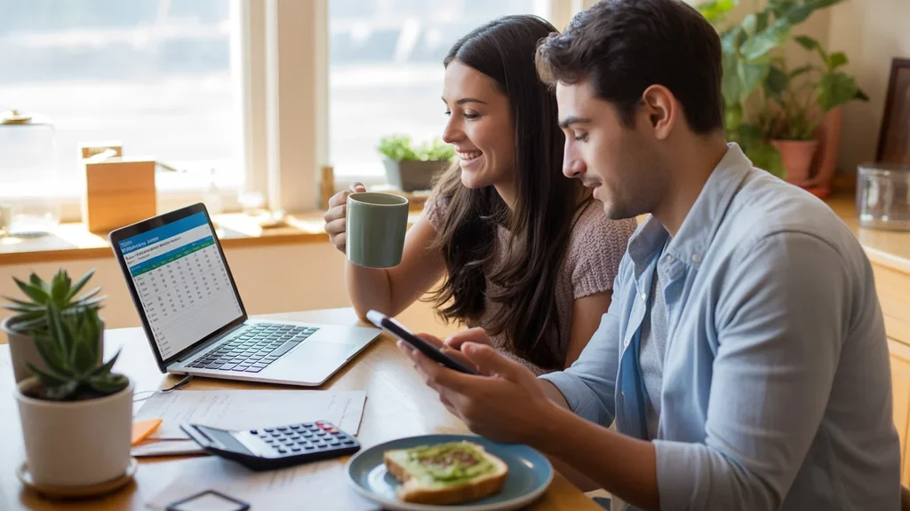 Couple reviews monthly budget and expenses at kitchen table in Evanston apartment