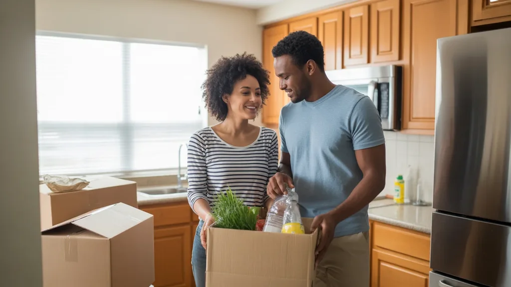 Couple unpacking groceries in new Grand Prairie, TX apartment kitchen