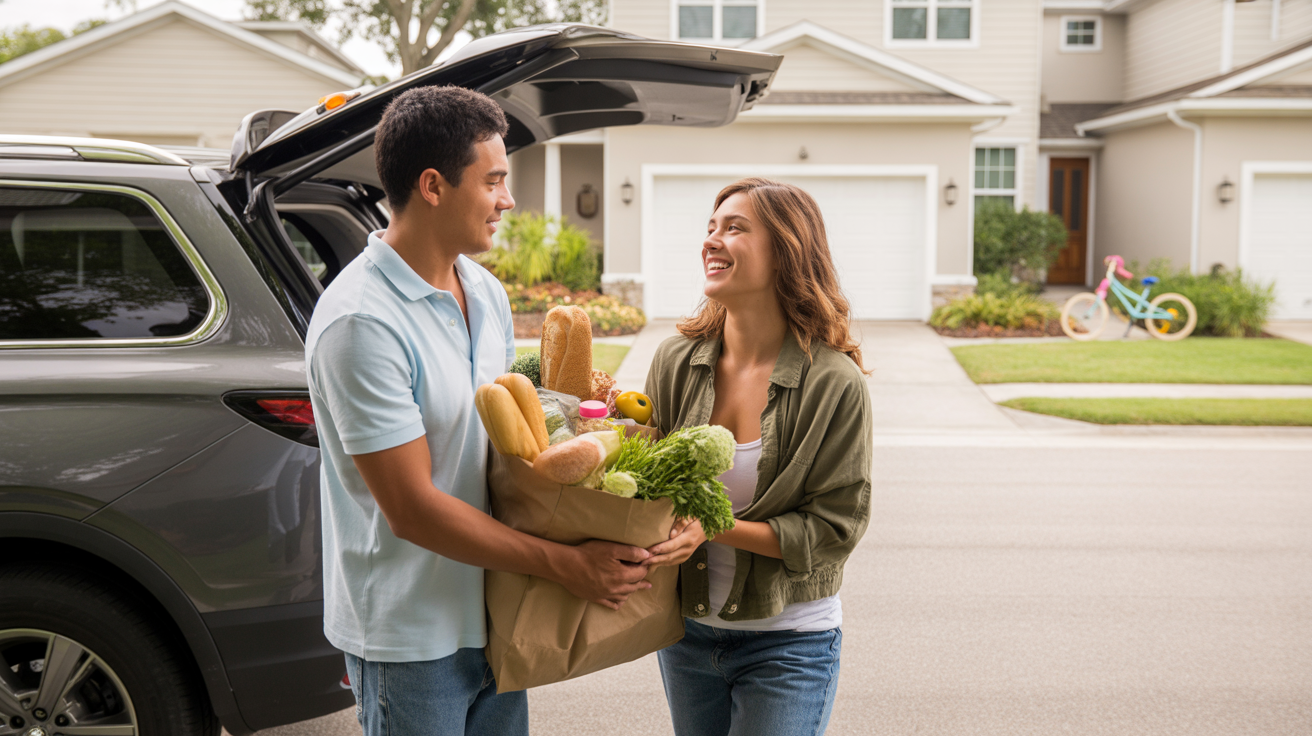 Couple unloading groceries from car in driveway of suburban home in Davenport, FL