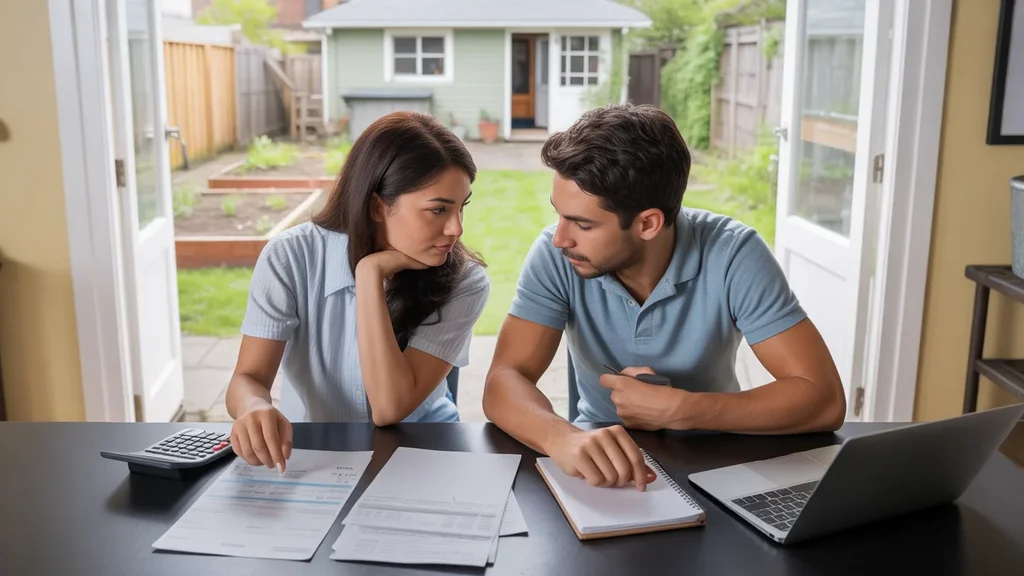 Couple reviewing utility bills and budgeting at kitchen table in Portland home