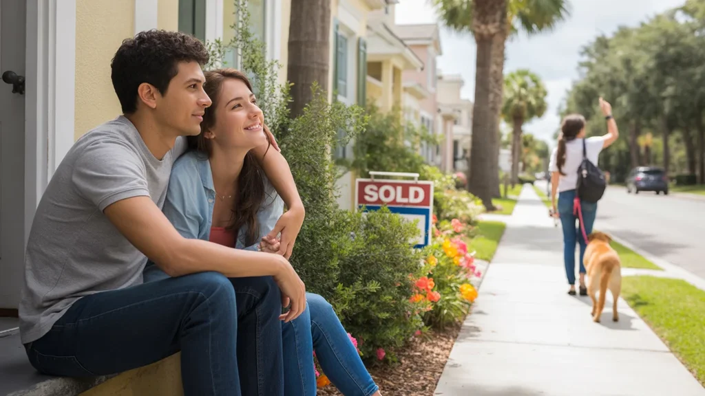 A couple sitting on the front steps of their new townhome in Orlando