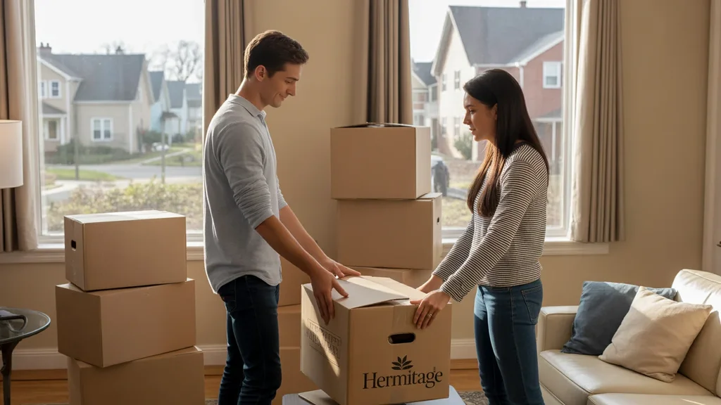 Couple unpacking in their new Hermitage apartment living room