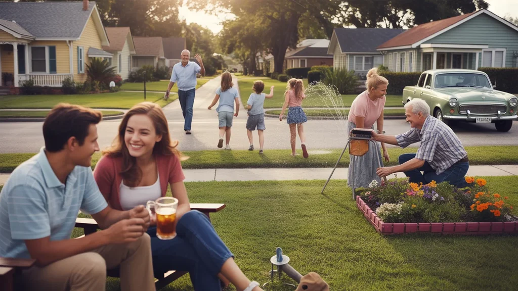Neighbors relaxing on front lawns and porches in a friendly Lakeland suburb at sunset