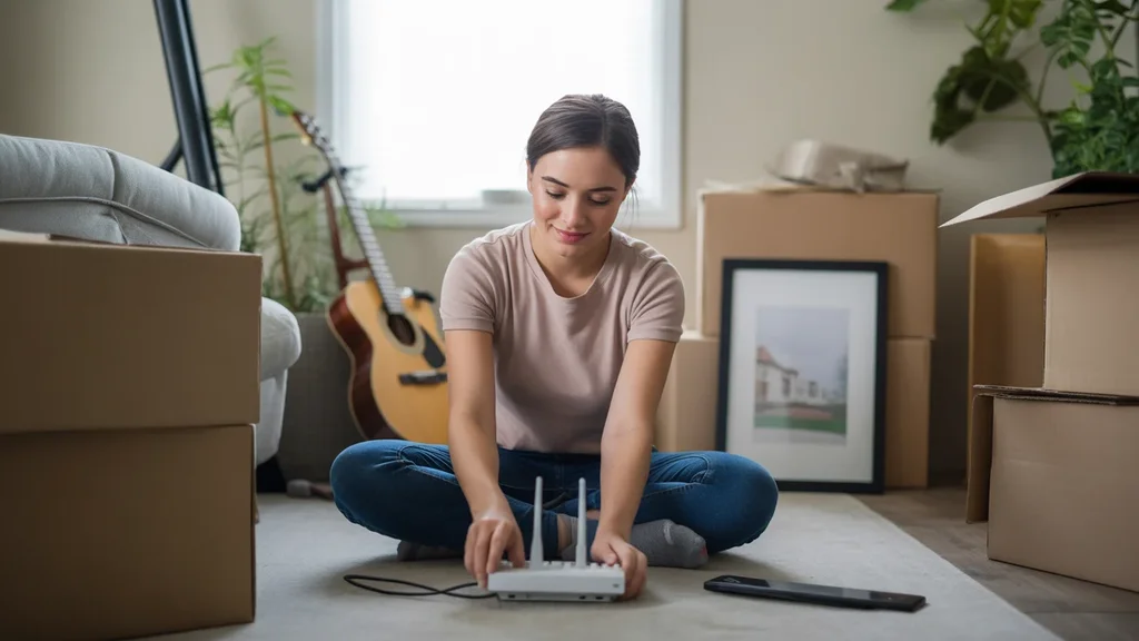 Woman setting up Wi-Fi router in new Beaverton apartment surrounded by moving boxes
