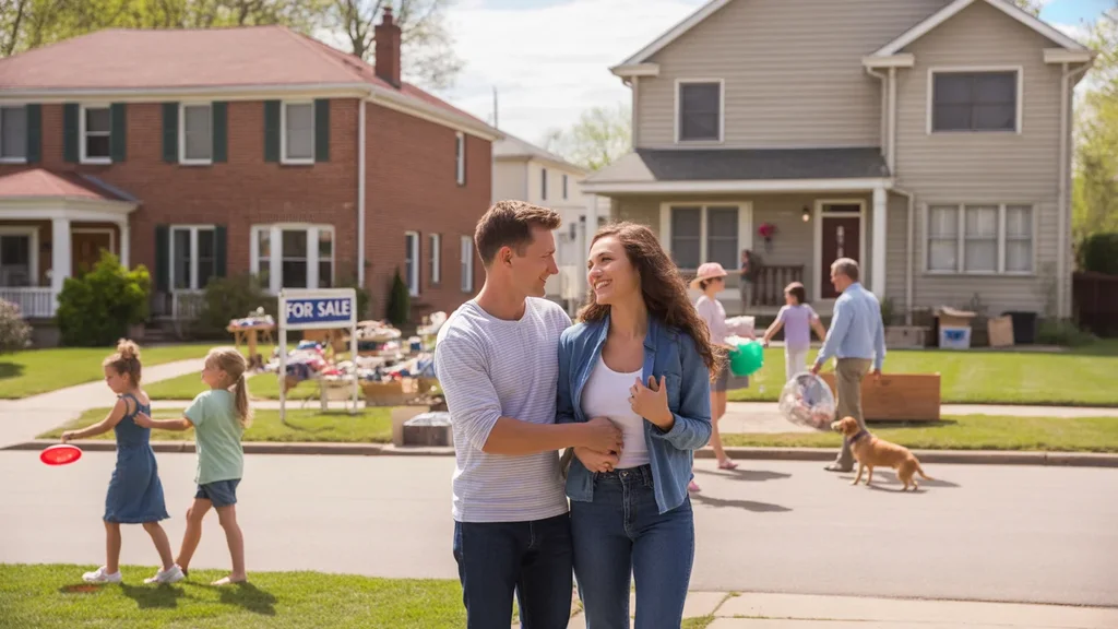 A young family browsing a garage sale in a Georgetown neighborhood with condos and single-family homes
