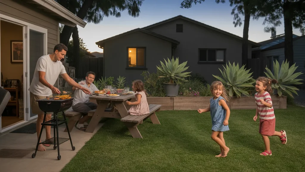 A family enjoys a summer evening in their backyard in Murrieta, California