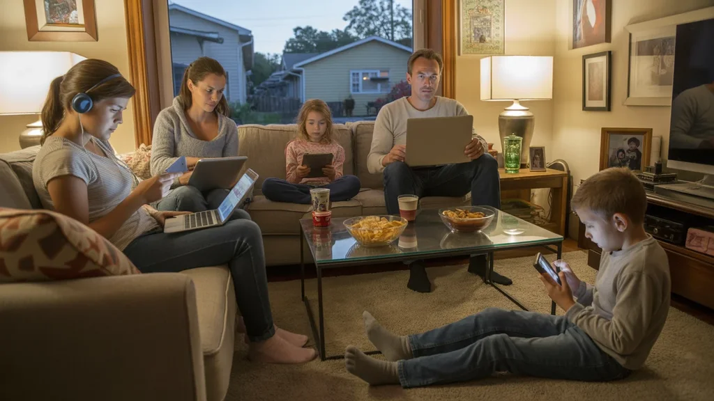 A family of four is gathered in their living room in the evening, each person occupied with a digital device like a tablet, laptop or smartphone.