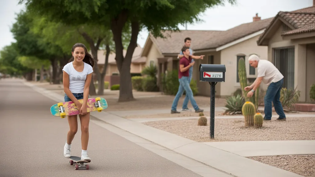 Teenage girl skateboarding past mailboxes on a quiet suburban street in Queen Creek, Arizona