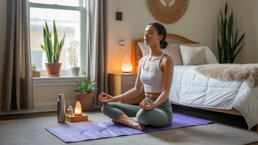 Woman meditating on yoga mat in sunny bedroom in Smyrna, TN apartment