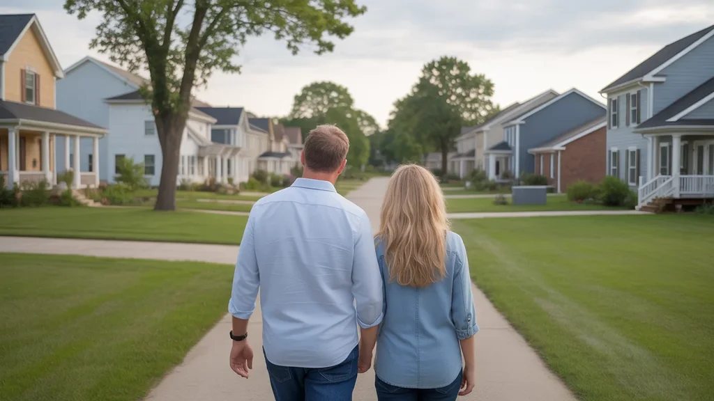 Couple admiring new spacious homes in a Versailles KY neighborhood at sunset