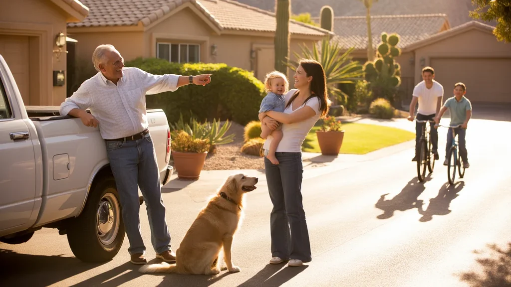Neighbors chatting at the end of a driveway in a Scottsdale suburb, with a dog nearby and bicyclists passing by.