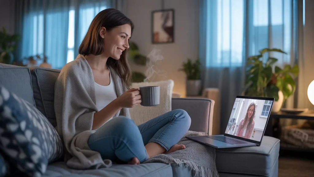 Woman relaxing on couch watching streaming TV show