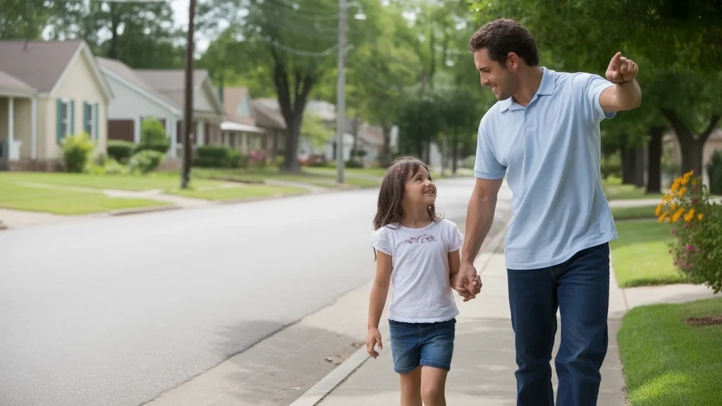 Father and daughter walking on sidewalk in Antioch neighborhood