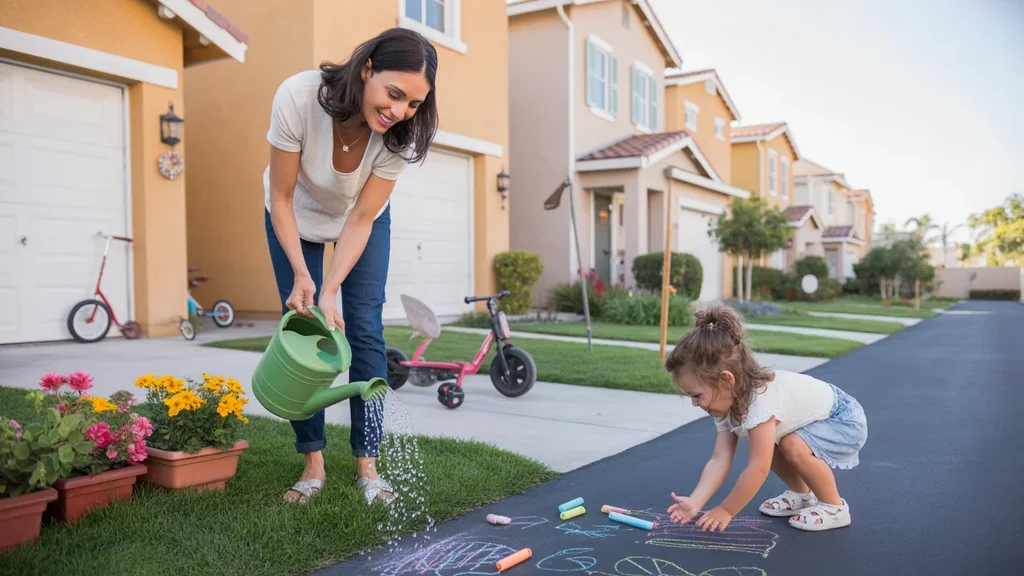 Woman watering flowers outside townhome in Orange, CA with daughter playing nearby
