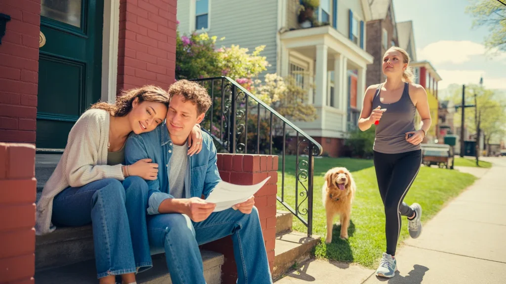 A couple considers a house purchase while a jogger returns to her apartment in a Nashville neighborhood.