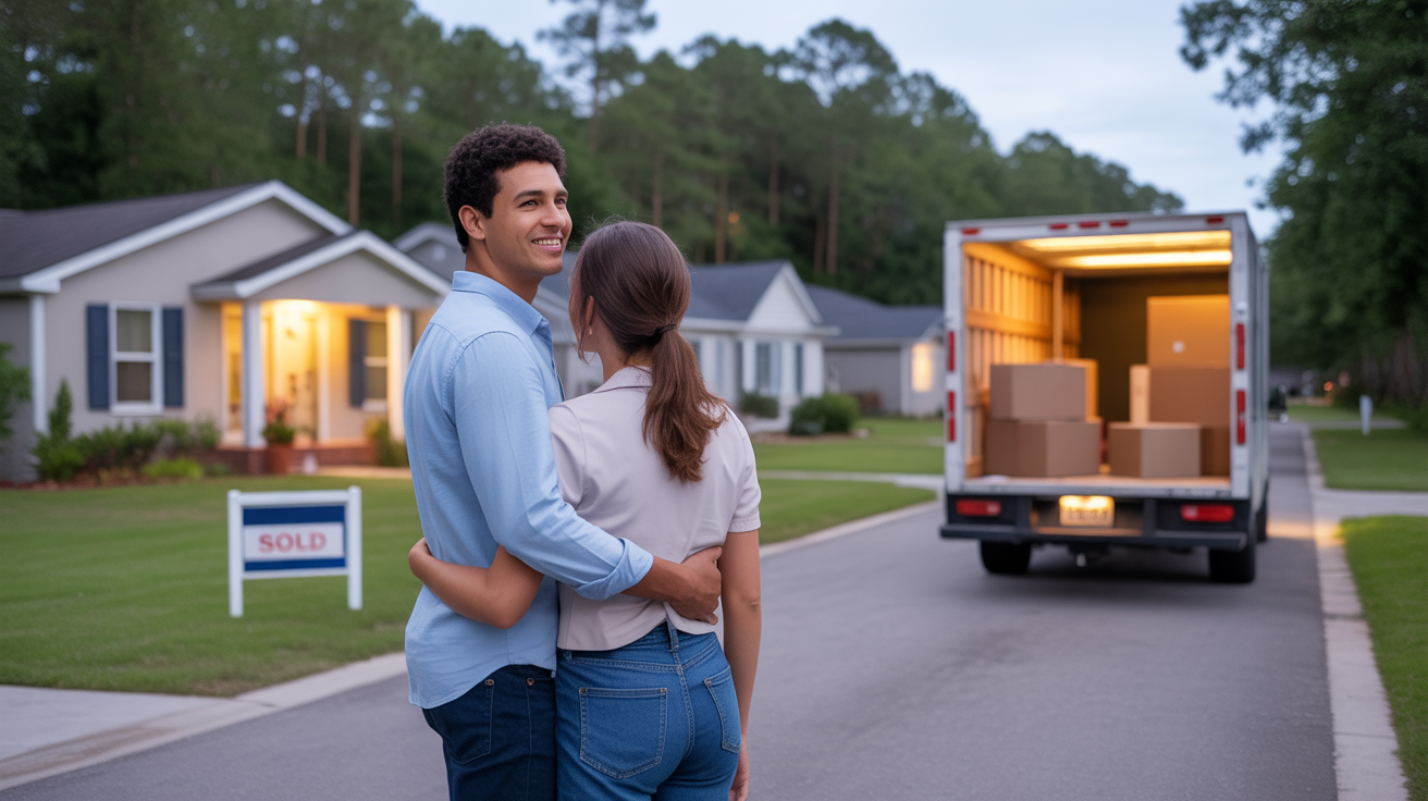 A young couple standing in front of their new home in Davenport, FL at dusk