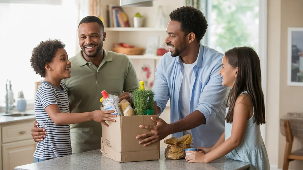 Family unpacks groceries together in kitchen of Bolingbrook IL home