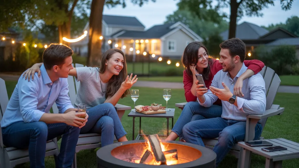 Friends gathered around a backyard firepit in Marietta, GA, enjoying a summer evening together