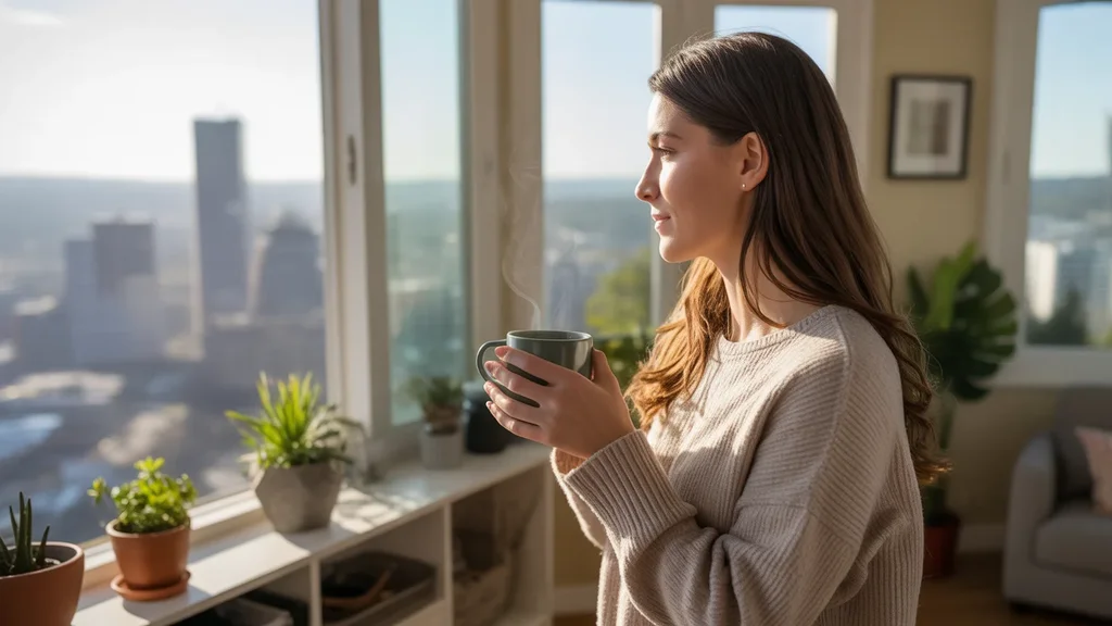 Woman drinking coffee and looking out apartment window in Portland, Oregon
