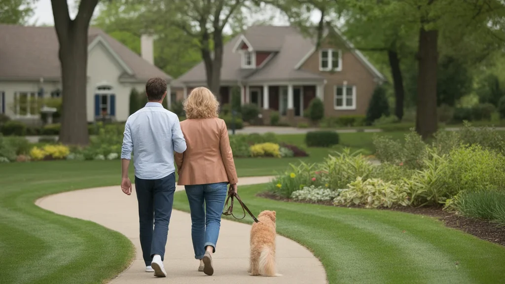 Couple walking dog through landscaped park in Naperville IL
