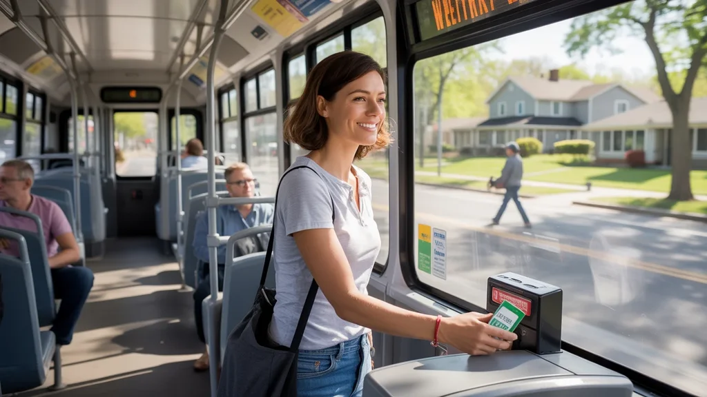 A commuter boards a Midwest Metro bus on a quiet suburban street.