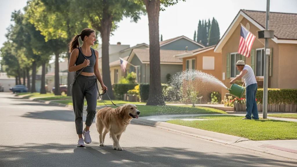 A woman walks her dog past well-maintained homes in a friendly Fontana neighborhood
