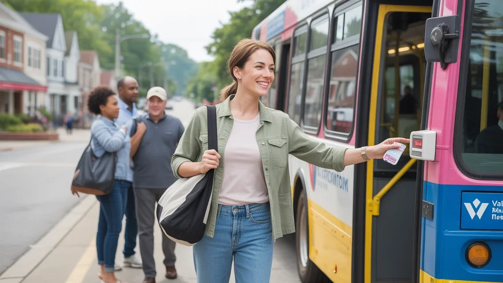 Woman tapping transit card while boarding Valley Metro bus on street in Jeffersontown, KY
