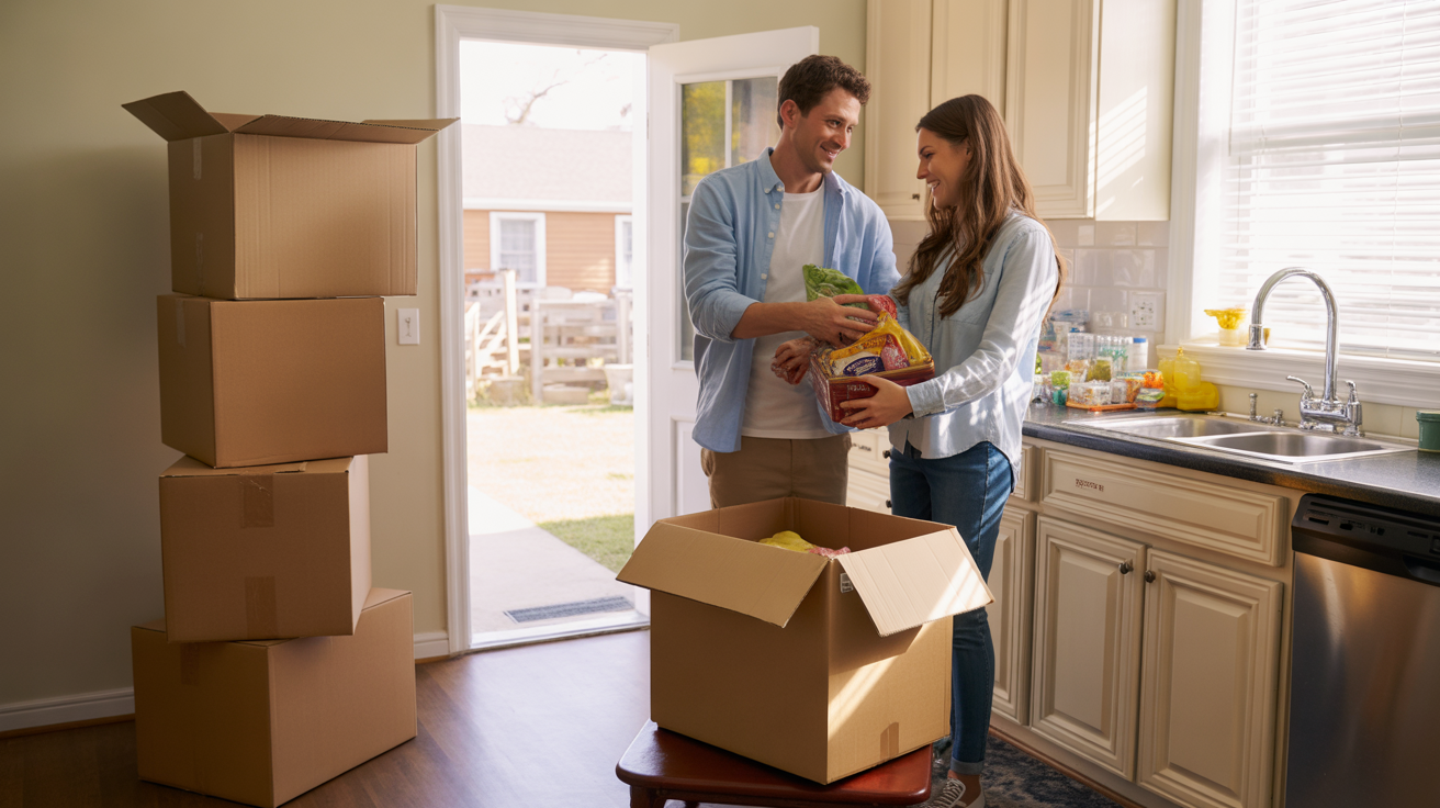 Couple unpacking affordable groceries in their new Murfreesboro home kitchen