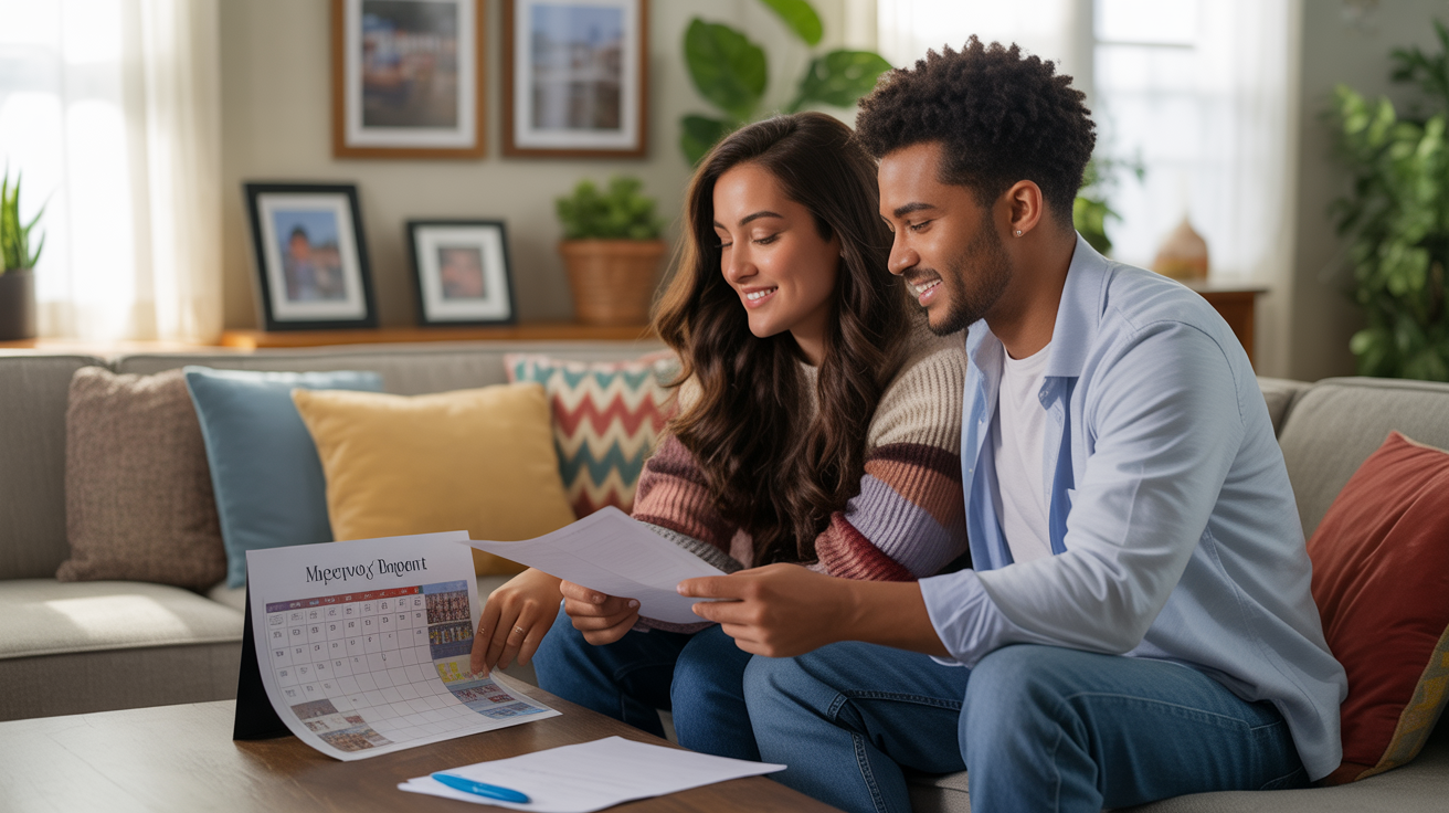 Young couple reviewing paperwork together in cozy Davenport apartment living room