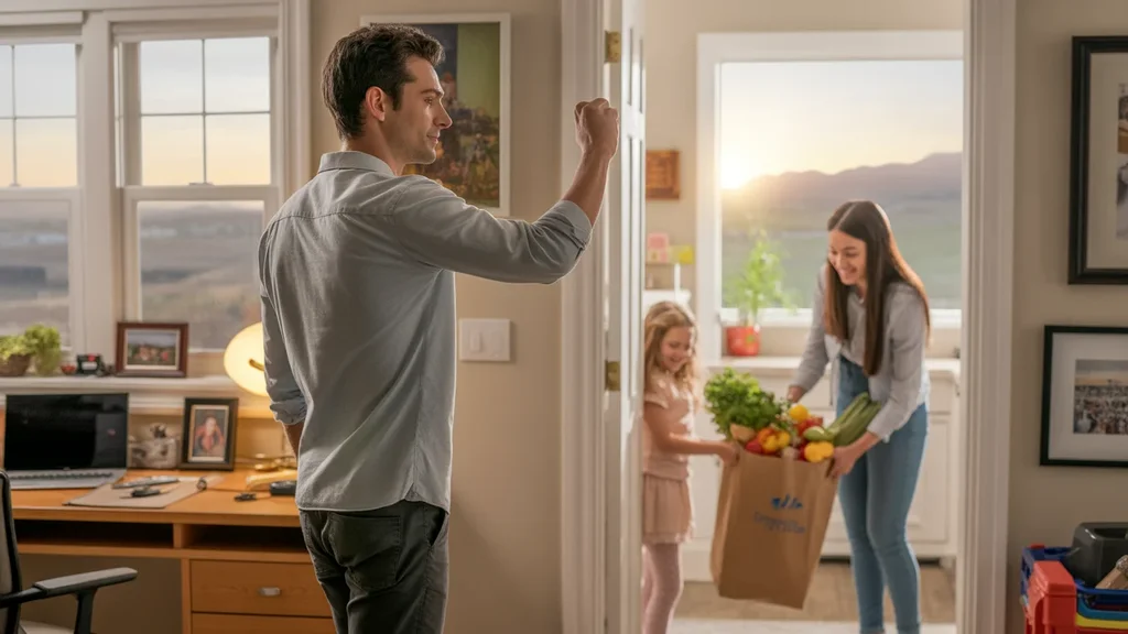 Father turning off light as he leaves home office, with wife and daughter in kitchen of suburban Highlands Ranch home at sunset
