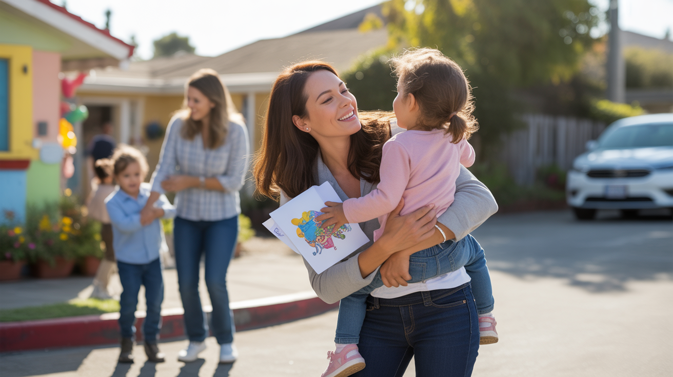 A single mother picks up her young daughter from daycare in Costa Mesa, CA.