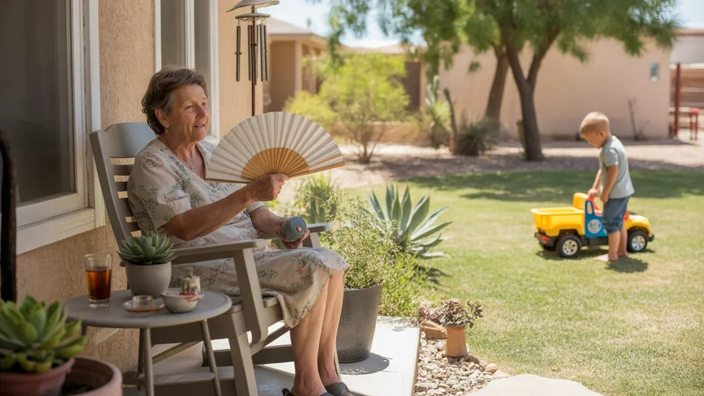 Grandmother fanning herself on shaded porch in Spring Valley, NV, while grandson plays nearby
